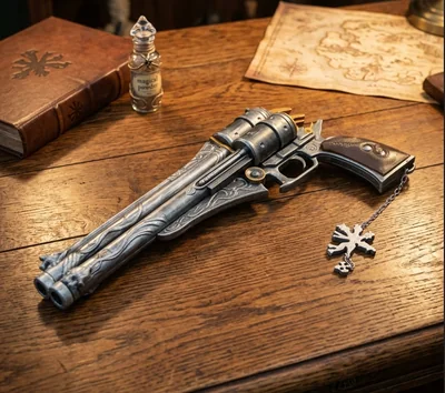 Cerberus – Final Fantasy — rekvizita s trojicí dlouhých hlavní, zdobenými detaily a tmavou rukojetí