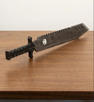 CQC-42 Machete — rekvizita mačety s širokou tmavou čepelí, zubatým hřbetem a světlým znakem