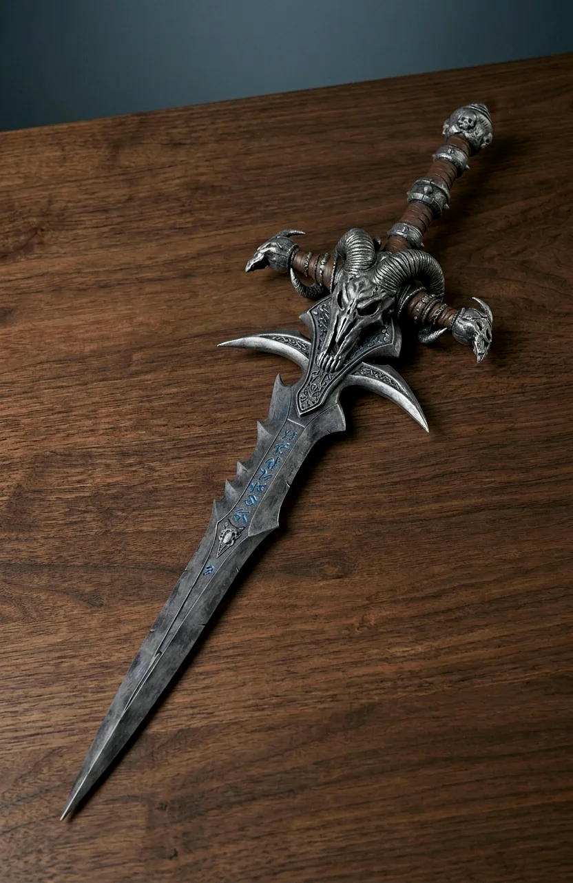 Fantasy meč s démonickou lebkou a rohy na jílci