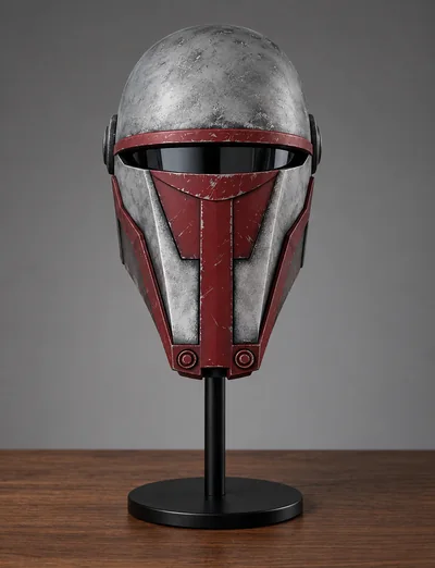 Revan helmet v červeno-stříbrném provedení s tmavým průzorem a patinovaným povrchem