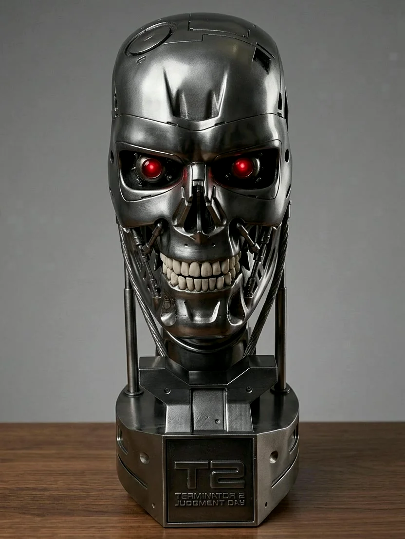 Busta T-800 s podsvícenýma očima a detailní mechanikou