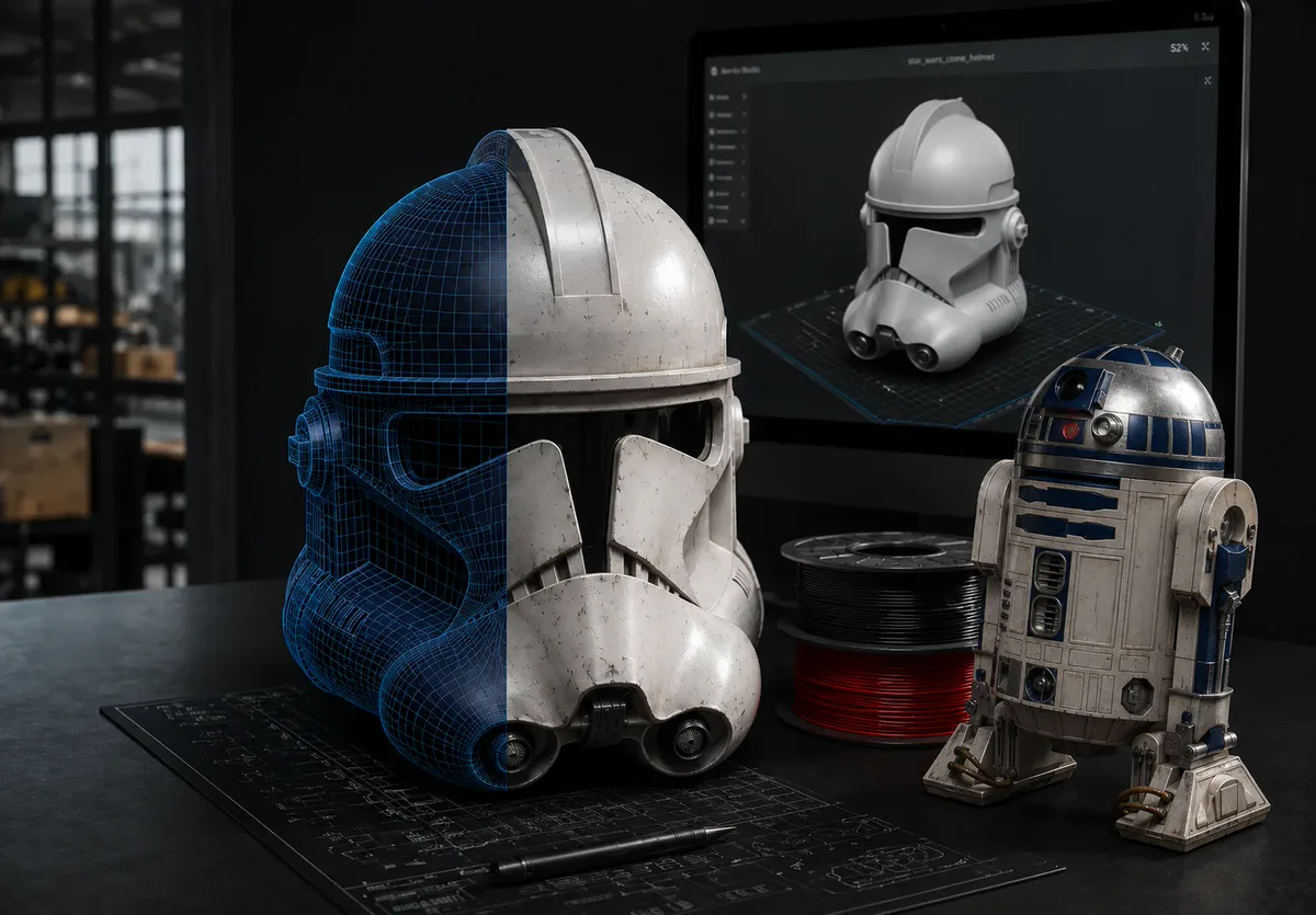 3D model cosplay helmy v návrhovém softwaru vedle hotového vytištěného kusu